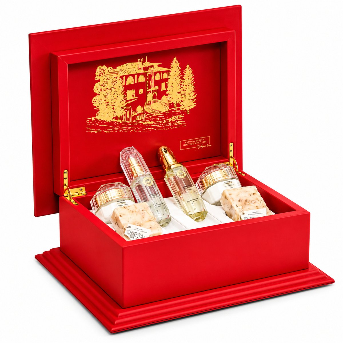 Khan Al Saboun King Charles Box Red Cedar and Gold Gift Set
