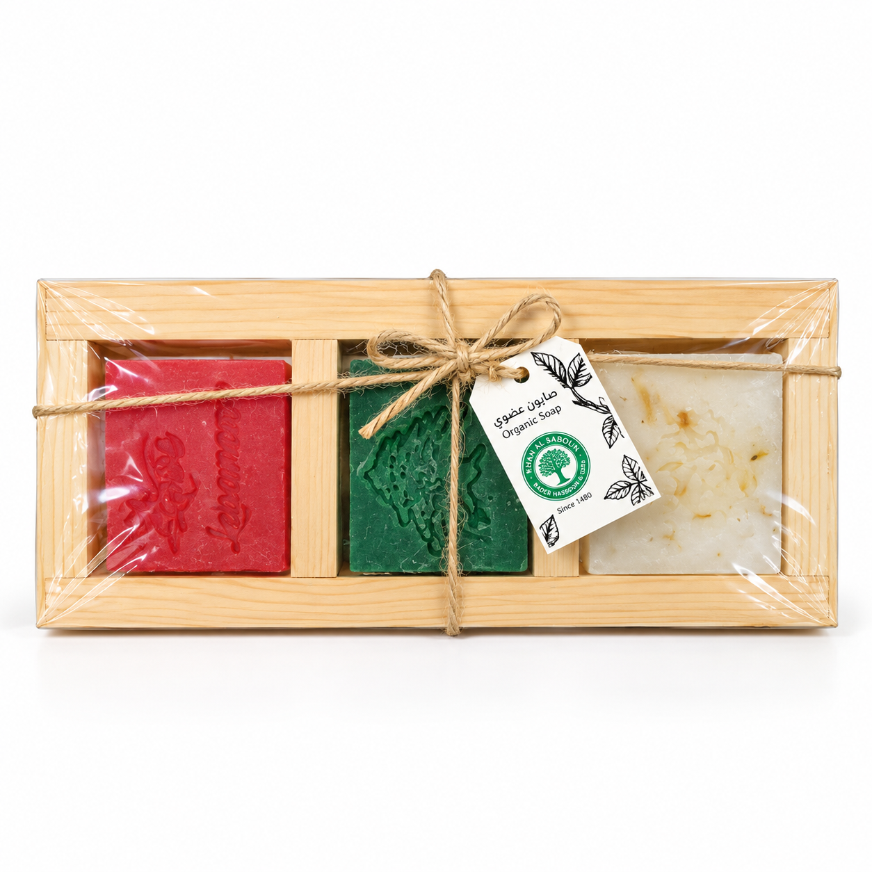 Khan Al Saboun Lebanese Heritage Wooden Box with 3 Herbal Soaps
